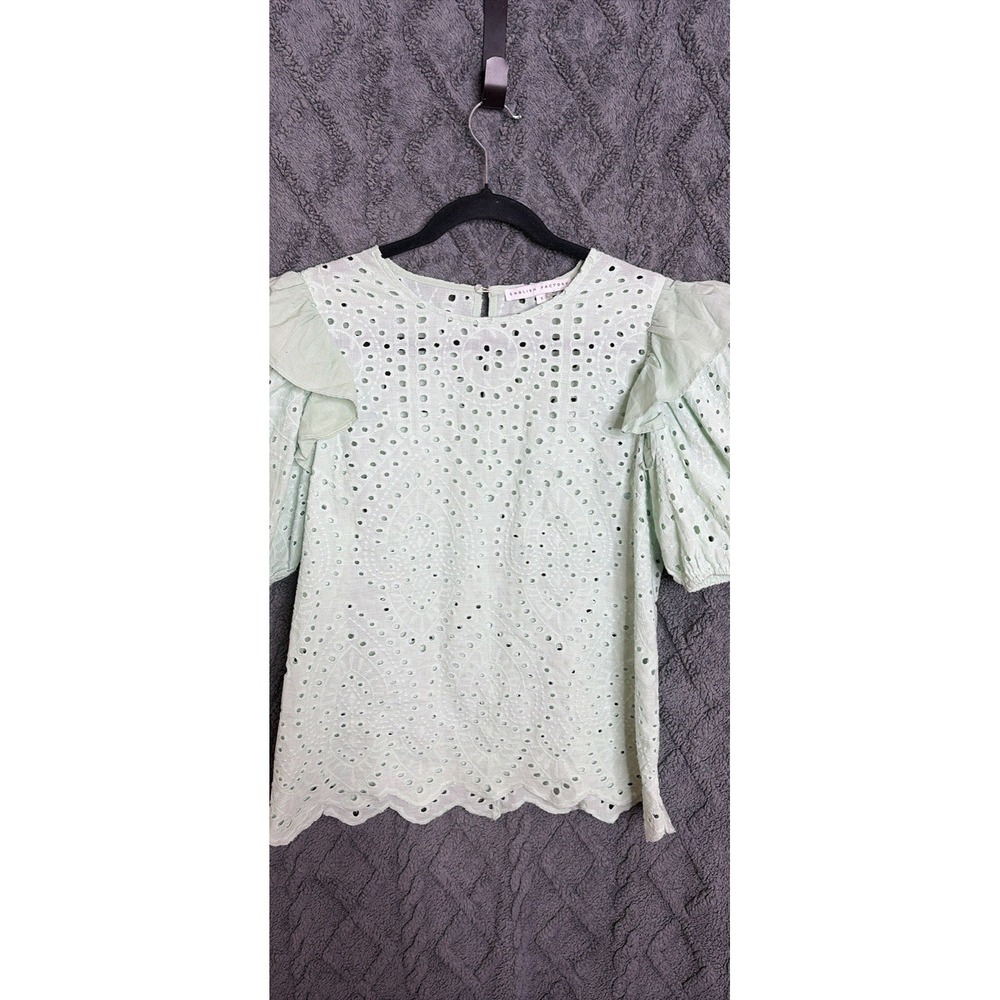 English Factory Mint Green Eyelet Ruffle Puff Sleeve Top